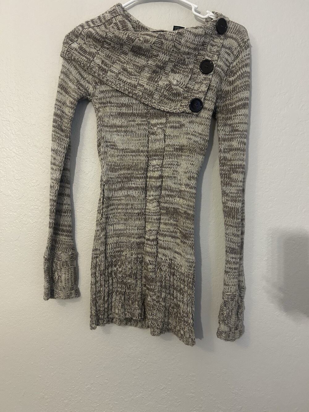 579 Women's Gray/Beige Heathered Cowl Neck Button Knit Pullover Sweater S